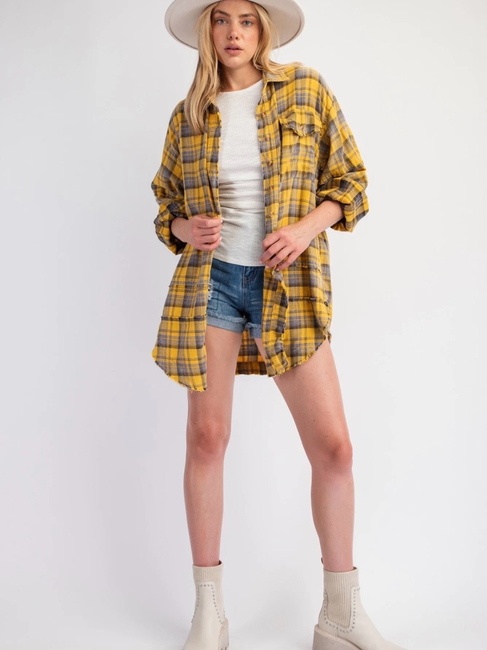 Mystree Yellow & Brown Plaid Button Front Long Sleeve Boho Casual Shirt Size M